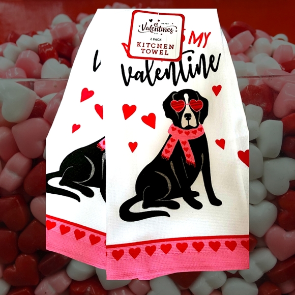 New " My Dog Is My Valentine" 100% Cotton 2 Pack Kitchen Towels Set - Picture 1 of 2